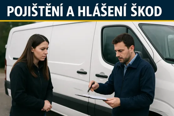 muž a žena před bílou pronajatou dodávkou sepisující nehodu