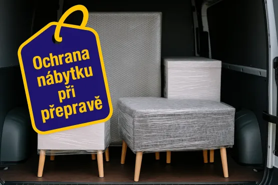ilustračně umístěný nábytek v dodávce v obalových materiálech, hero image